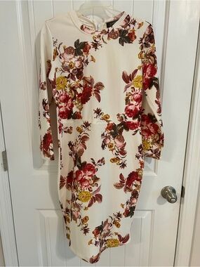 Choies Cream Floral Long Sleeve Sheath Dress